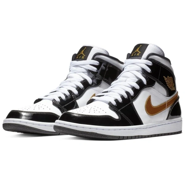 Jordan 1 Mid Patent Black White Gold
