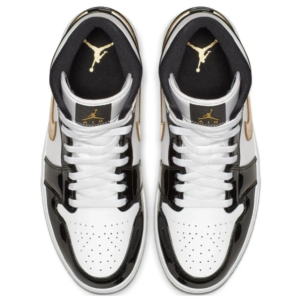Jordan 1 Mid Patent Black White Gold