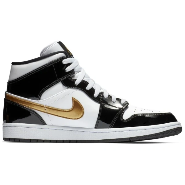 Jordan 1 Mid Patent Black White Gold