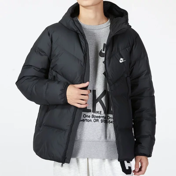 Nike Men's Logo Print Zip Up Pocket Hooded Down Jacket Black