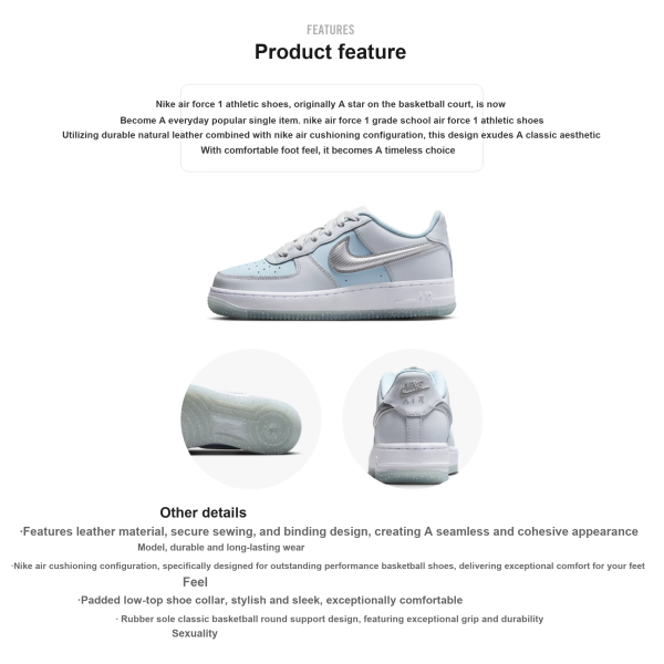 Nike Air Force 1 Slip Resistant Cushioning Low Top Kids' Skateboarding Shoes Silver Blue Teenagers