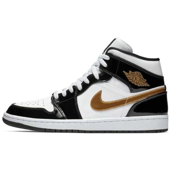 Jordan 1 Mid Patent Black White Gold