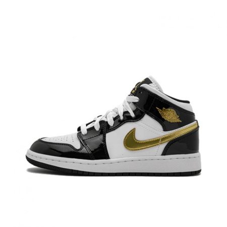 Jordan 1 Mid Patent Black White Gold GS